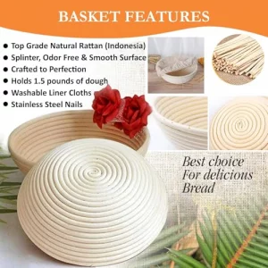 Banneton Bread Proofing Basket Set - 9 Inch round sourdough proofing basket with Silicone Bread Sling, Dough Scrapers, Bread lame, Dough Whisk and a 