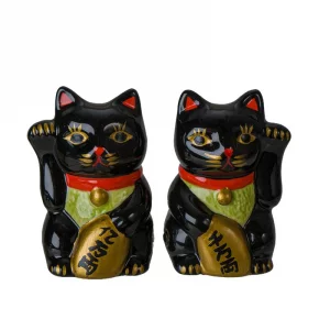 Summit Collection Gifts Attractive Lucky Fortune Cat Magnetic Ceramic Salt and Pepper Shaker Set Black Japanese Maneki Neko Design Kitchen Dinning Ta