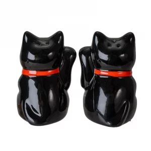 Summit Collection Gifts Attractive Lucky Fortune Cat Magnetic Ceramic Salt and Pepper Shaker Set Black Japanese Maneki Neko Design Kitchen Dinning Ta