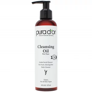 PURA D'OR 8 Oz Facial Cleansing Oil - Nourishing Botanical Blend with & Vitamin, Jojoba and Sunflower Oil - Gentle Makeup Remover & Deep Cleanser For