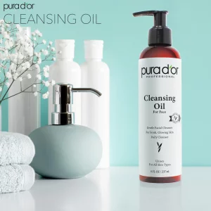 PURA D'OR 8 Oz Facial Cleansing Oil - Nourishing Botanical Blend with & Vitamin, Jojoba and Sunflower Oil - Gentle Makeup Remover & Deep Cleanser For