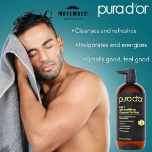 PURA D'OR 24 Oz 8-in-1 Hair & Body Cleanser For Men - Sulfate-Free, Multi-Use Wash for Hair, Face, Beard & Body, with Organic Aloe Vera, Cedarwood & 