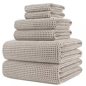 POLYTE 430 GSM Microfiber Quick Dry Lint Free Oversize Bath Towel Set, 6 Piece (Waffle Weave)