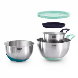 DASH Stainless Steel Mixing Bowls with Lids, Silicone Non-Slip Base with Measuring Lines and Strainer, 3 Bowl Set - 1.5 Quart, 3 Quart, & 5 Quart - A