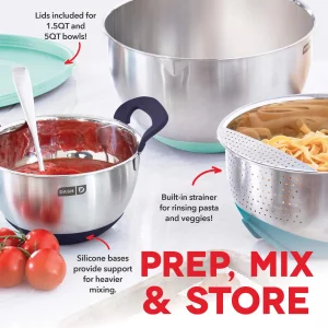 DASH Stainless Steel Mixing Bowls with Lids, Silicone Non-Slip Base with Measuring Lines and Strainer, 3 Bowl Set - 1.5 Quart, 3 Quart, & 5 Quart - A