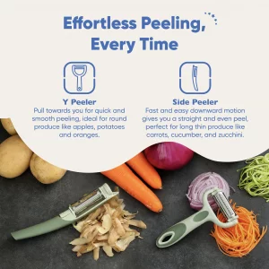 Chefs Path Tri-Blade Peeler Set - Stainless Steel Blade Y Peeler & Side Peelers for Kitchen Set of 2 with Standard Peeler, Serrated Peeler, Julienne