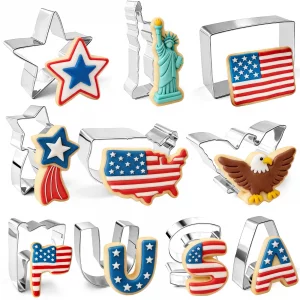 10 Pieces Patriotic Cookie Cutters Set, Stainless Steel Biscuit Molds Includes Liberty Statue, Flag, Eagle, Map, Stars for Independence Day 4th of Ju