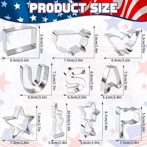 10 Pieces Patriotic Cookie Cutters Set, Stainless Steel Biscuit Molds Includes Liberty Statue, Flag, Eagle, Map, Stars for Independence Day 4th of Ju