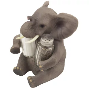 Decorative Lucky Baby Elephant Salt and Pepper Shaker Set with Holder Figurine for African Jungle Safari Kitchen Decor Statuettes & Sculptures Featur