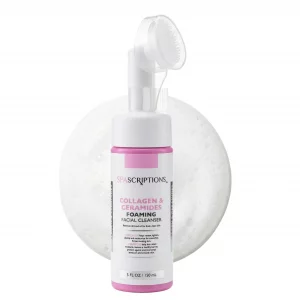 SpaScriptions 2 in 1 Cleanse & Exfoliate Foaming Facial Cleanser - Collagen & Ceramides Face Wash with Silicone Brush for Dryness with Skin Barrier S