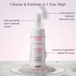 SpaScriptions 2 in 1 Cleanse & Exfoliate Foaming Facial Cleanser - Collagen & Ceramides Face Wash with Silicone Brush for Dryness with Skin Barrier S