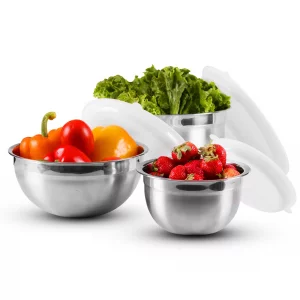 OVENTE Mixing Bowl Set with Lids, 3-Piece Stainless Steel Nesting Bowls for Easy Food Storage, Stackable Design, Kitchen Essential for Baking, Cookin