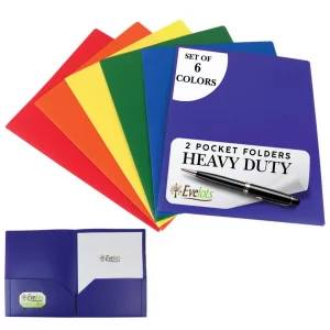 Evelots 6 Pack Plastic Folders with Pockets - 6 Assorted Colors - Heavy Duty File Folders with Business Card Slot - 2 Pocket Folder for Office, Schoo