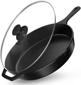Utopia Kitchen Premium Saute Frying Pan 12 Inch, Cast Iron Chefs Pan, Pre Seasoned Cast iron Skillet With Lid, Safe Grill Cookware for Indoor & Outdo
