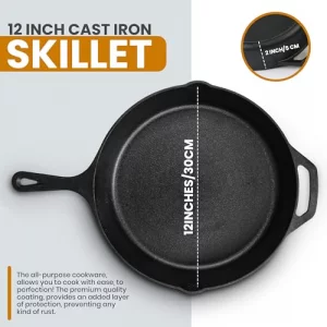 Utopia Kitchen Premium Saute Frying Pan 12 Inch, Cast Iron Chefs Pan, Pre Seasoned Cast iron Skillet With Lid, Safe Grill Cookware for Indoor & Outdo