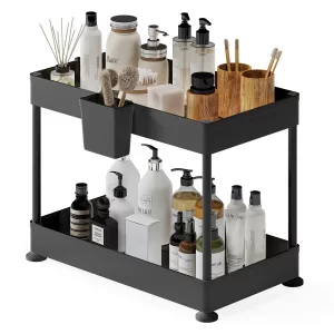 StorageBud 2-Tier Under Sink Organizer, Black, Plastic, Non-Slip Rubber Legs, Hanging Hooks, Drain Holes, Quick-Access Caddy