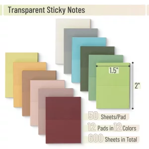 Mr. Pen- Transparent Sticky Notes, 1.5x2, 600 Sheets, Vintage Colors, See Through Sticky Notes Clear, Translucent Sticky Notes, Stocky Notes for Bibl