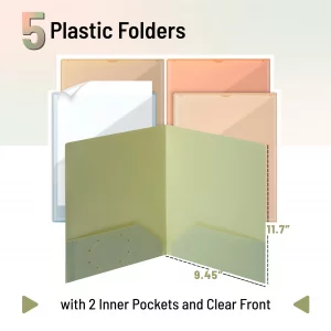 Mr. Pen- Plastic Folders with Front Pocket, 5 pcs, Assorted Colors, 2 Pocket Folder
