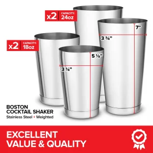 (2 Pack) Boston Cocktail Shaker, Drink Mixing Set (18oz & 28oz) Weighted Stainless Steel Shaker Tins, Cocktail & Martini Mixed Drink Shakers, Essenti