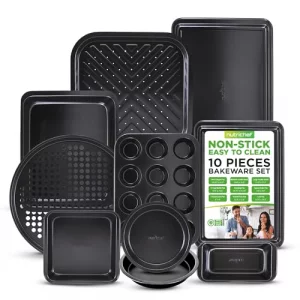 NutriChef 10-Piece Non-Stick Baking Set - Heavy-Duty Carbon Steel Bakeware Set w/ Cookie Sheets, Muffin Pan, Roasting Pan, Cake Pan, Baking Tray, Piz