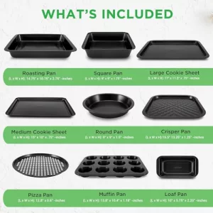 NutriChef 10-Piece Non-Stick Baking Set - Heavy-Duty Carbon Steel Bakeware Set w/ Cookie Sheets, Muffin Pan, Roasting Pan, Cake Pan, Baking Tray, Piz