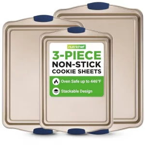 NutriChef 3?Piece Non?Toxic Cookie Sheets for Baking - Premium Carbon Steel Oven Tray Set with Blue Silicone Handles - Nonstick Baking Sheet Set for 