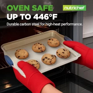 NutriChef 3?Piece Non?Toxic Cookie Sheets for Baking - Premium Carbon Steel Oven Tray Set with Blue Silicone Handles - Nonstick Baking Sheet Set for 