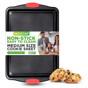 15 Non Stick Cookie Sheet, Medium Gray Commercial Grade Restaurant Quality Carbon Metal Bakeware with Red Silicone Handles, Compatible with Model NC
