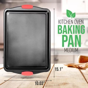 15 Non Stick Cookie Sheet, Medium Gray Commercial Grade Restaurant Quality Carbon Metal Bakeware with Red Silicone Handles, Compatible with Model NC