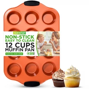 Nutrichef 12 Cup Muffin Pan, Durable and Nonstick Carbon Steel Bake Pan with Silicone Handles, Kitchen Essential Cupcake Pan, Stain Resistant, Easy C