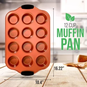 Nutrichef 12 Cup Muffin Pan, Durable and Nonstick Carbon Steel Bake Pan with Silicone Handles, Kitchen Essential Cupcake Pan, Stain Resistant, Easy C