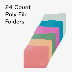 U Brands U-Eco Poly File Folders, Set of 24, Assorted Brights, 1/3-Cut Tabs, 100% Recycled Paper Labels (6597U01-12)