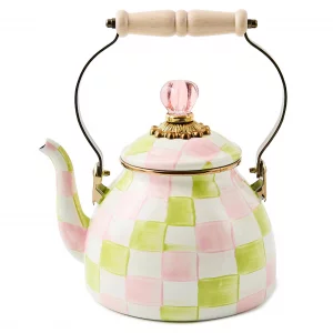 MACKENZIE-CHILDS Enamel Tea Kettle, Cute Tea Kettle for Stovetop, 2 Quarts, Pastel Pink-and-Green Palm Beach Check