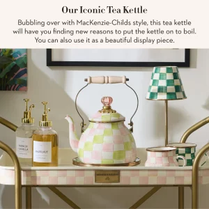 MACKENZIE-CHILDS Enamel Tea Kettle, Cute Tea Kettle for Stovetop, 2 Quarts, Pastel Pink-and-Green Palm Beach Check