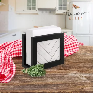 Autumn Alley Modern Farmhouse Napkin Holder for Table - Cute Black and White Napkin Holder in Rustic Shiplap Pattern - Upright Napkin Holders for Far