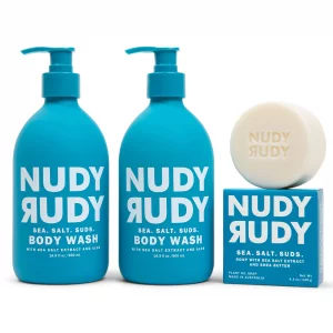 Nudy Rudy Sea Salt Suds 2 Pack, Liquid Body Wash Bundle with Bonus Soap Bar, Aloe Vera and Vitamin E, Moisturizing Shower Gel and Hand Soap for Men a