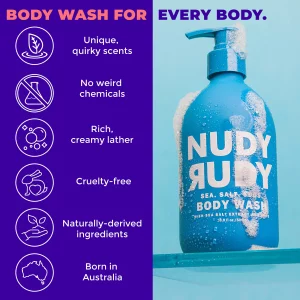 Nudy Rudy Sea Salt Suds 2 Pack, Liquid Body Wash Bundle with Bonus Soap Bar, Aloe Vera and Vitamin E, Moisturizing Shower Gel and Hand Soap for Men a