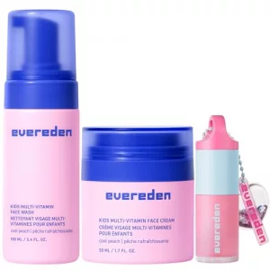 Evereden Happy Kids Skin & Lips Routine - Multi-Vitamin Face Wash & Face Cream Peach & Tinted Lip Oil Sakura Pink Set - Clean & Vegan Skin Care for K
