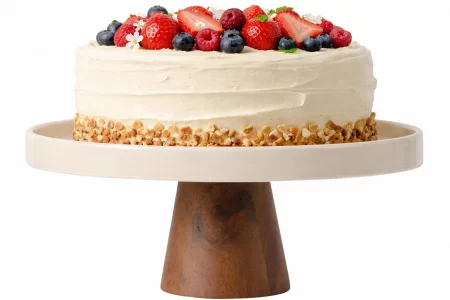 Gibson Elite 10.7-Inch Stoneware Cake Stand with Acacia Wood Base - Taupe Round Dessert Display Stand for Cakes, Cupcakes & Party Entertaining