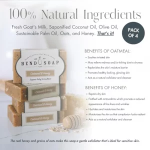 Bend Soap Company All Natural Handmade Goat Milk Soap for Dry Skin Relief, Oatmeal & Honey, 4.5 oz 4 pack