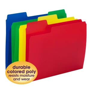 Smead Poly File Folders, SuperTab, 1/3-Cut Tabs, File Folders Letter Size, Assorted Primary Colors, Office Supplies, School Supplies, 12 Count (10516