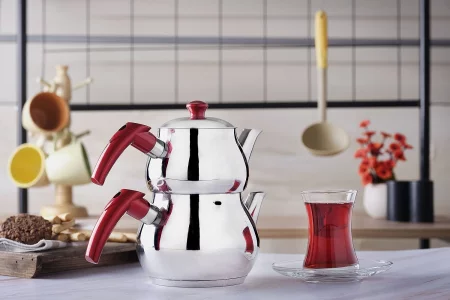 DESTALYA Turkish Teapot Set | Stainless Steel Double Tea Pots for Stove Top | Tea Maker with Strainer | Samovar Style Tea Kettle | Water Heater (Mini