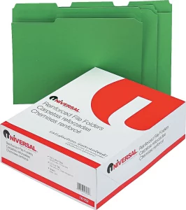 Universal Green Reinforced Top Tab File Folder, Letter Size, 1/3 Cut, Pack of 100