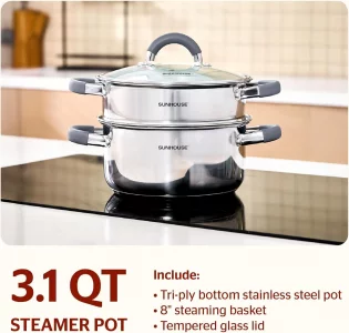 SUNHOUSE 3 Quarts Steamer Pots With Lid, 2-Tier Multipurpose Stainless Steel Steaming Pot Cookware With Stay-Cool Handles, Tri-ply Bottom, Compatible