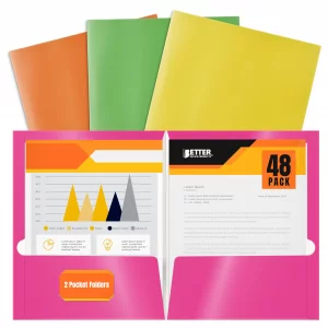 Better Office Products 2 Pocket Glossy Laminated Neon Paper Folders, Letter Size, Neon Paper Portfolios, Box of 48-4 NEON Colors