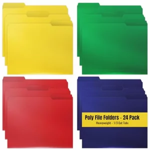 Better Office Products Heavyweight Poly File Folders, 1/3 Cut, Top Tab, 24 Per Box, Letter Size, Assorted Colors-Red, Blue, Yellow Green, 24 per Box