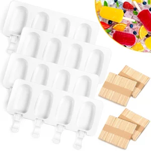 Perthlin 4 Pieces Ice Cream Mould lolly Mold Silicone Ice Cream Mold 4-Cavity Cake Pop Molds Baking Molds with 200 Pieces Sticks for Homemade Treats(