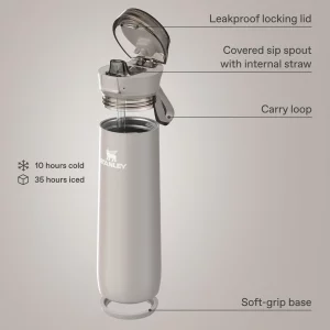 STANLEY Flowstate Spring Bottle | Leakproof Water Bottle with Carry Strap & Flip-Top Locking Lid | Insulated Stainless Steel  20 oz | Ash