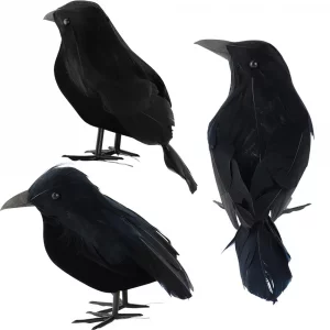 AEVBSOY 3 Pack Black-Feathered Crows Halloween Decorations - Realistic Artificial Handmade Black Feathered Crows for Halloween Party & Outdoor/Indoor