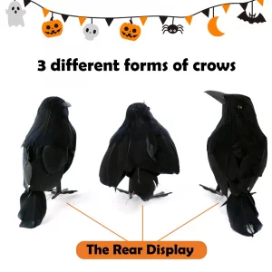 AEVBSOY 3 Pack Black-Feathered Crows Halloween Decorations - Realistic Artificial Handmade Black Feathered Crows for Halloween Party & Outdoor/Indoor